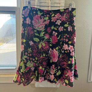 Worthington Women’s Pink Green Black Floral Ruffled Bottom Skirt Size 12 P NEW